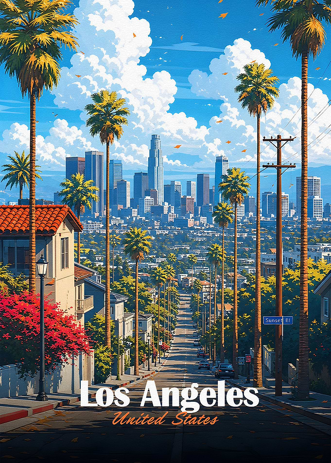 Los Angeles Cityscape with Palm Trees