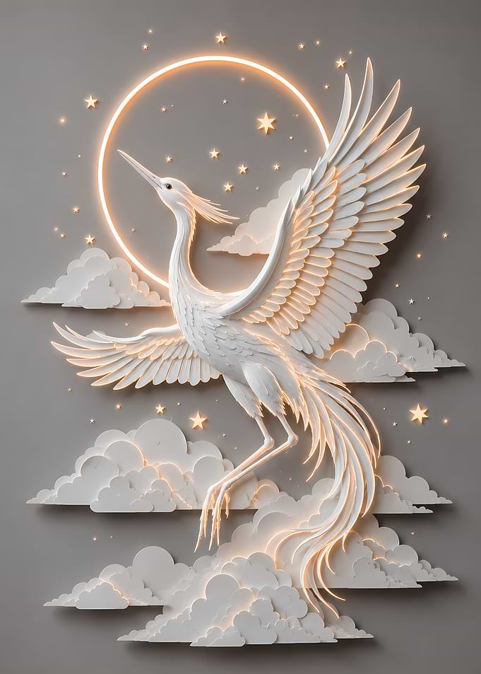 White Phoenix with Glowing Moon and Stars