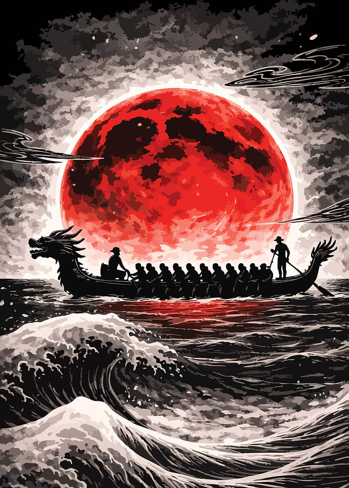 Dragon Boat Under a Red Moon