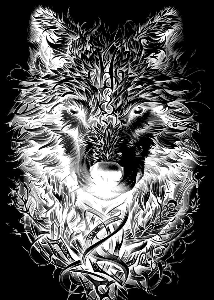 Tribal Wolf with Floral Elements