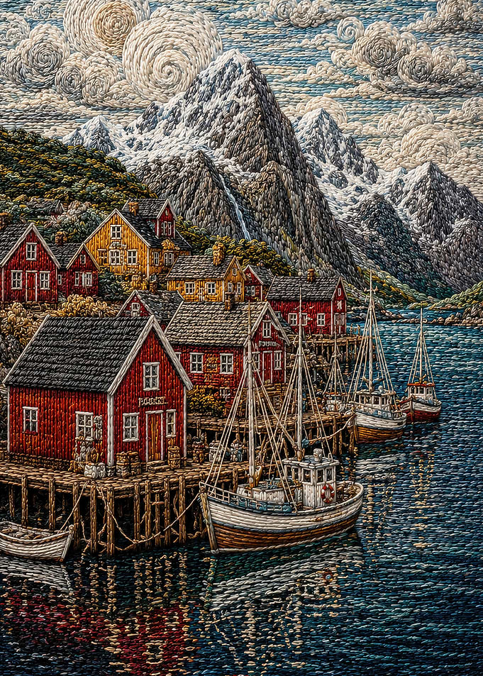 Embroided Norwegian Fishing Village with Mountains