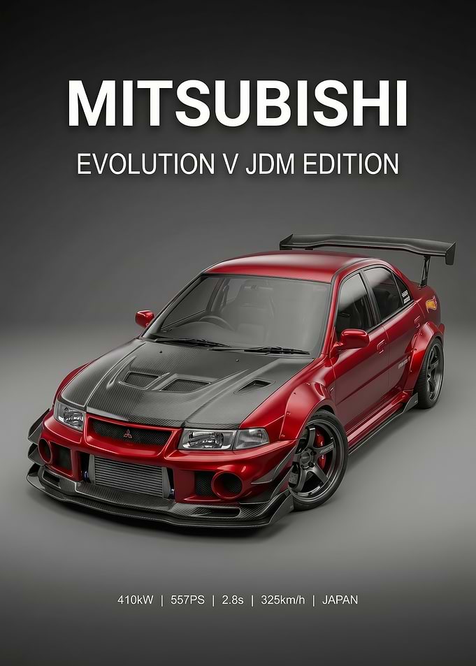 A striking red Mitsubishi Evolution V JDM car poster
