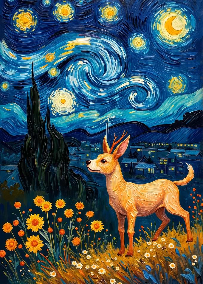 Deer in Starry Night Landscape