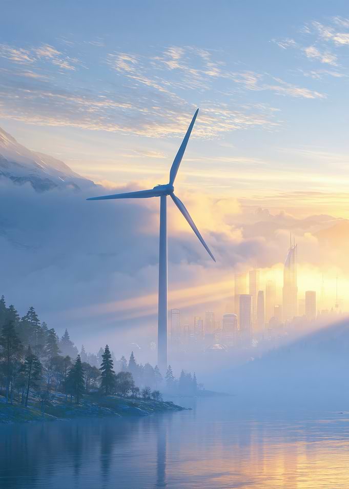 Wind Turbine Overlooking Misty Cityscape