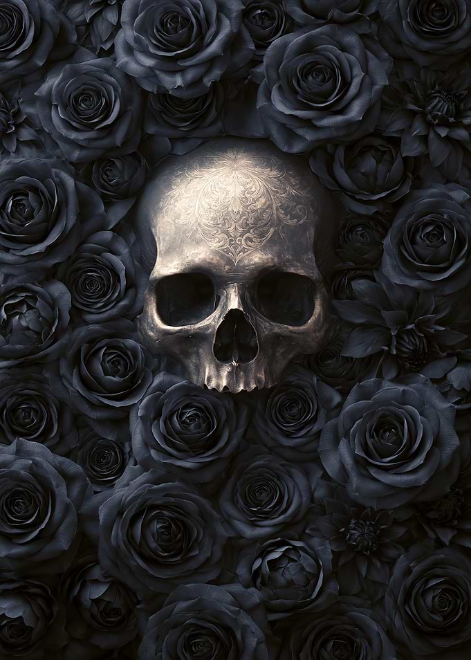 Skull surrounded by dark roses