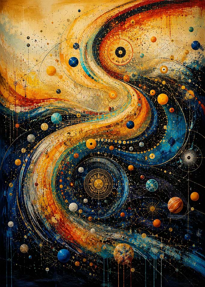 Cosmic Swirl with Planets and Orbs