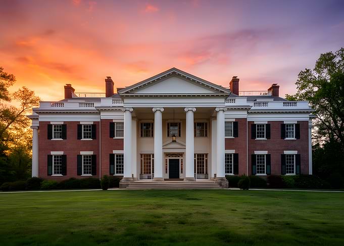Grand Colonial Mansion at Sunset