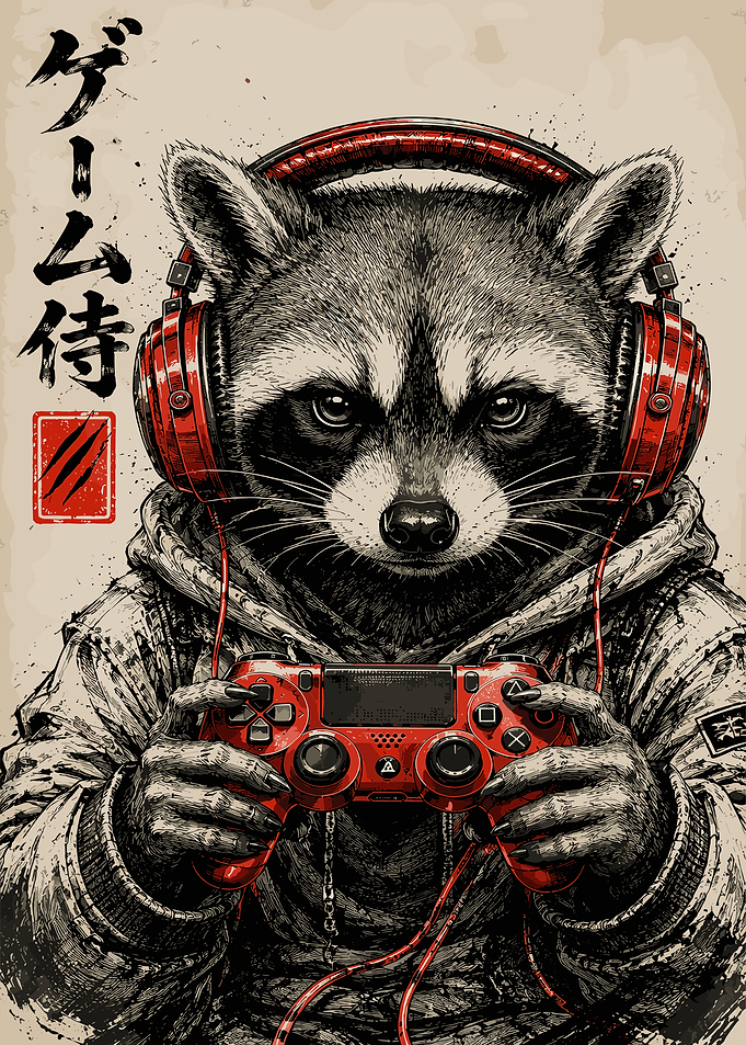 Gaming Raccoon Samurai Poster Japanese Anime Style Wall Art for Gamers