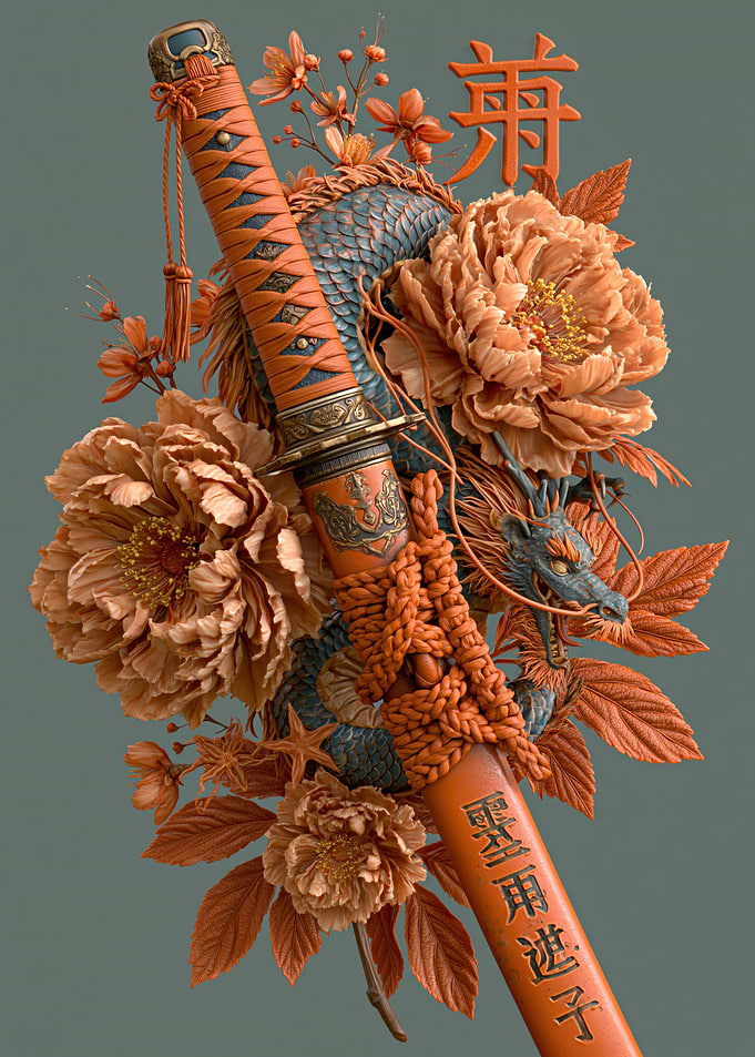 Samurai Sword with Dragon and Peonies