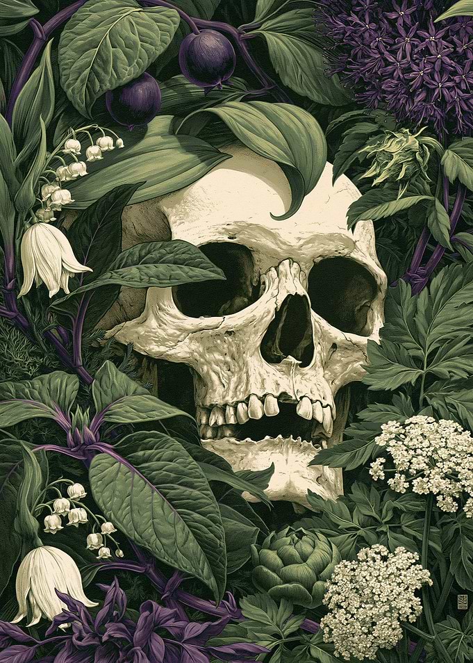 Skull surrounded by dark botanical elements