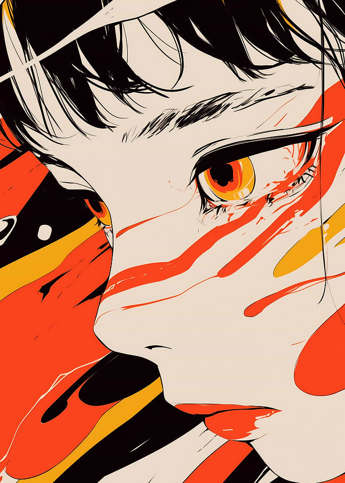 Anime Girl with Red and Yellow Abstract Markings