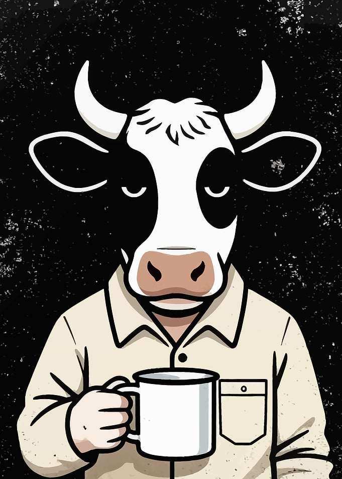 Cow holding a coffee mug