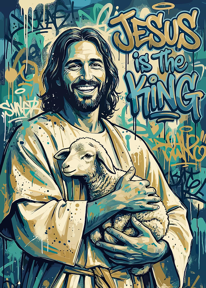 Jesus Holding a Lamb with Graffiti Background