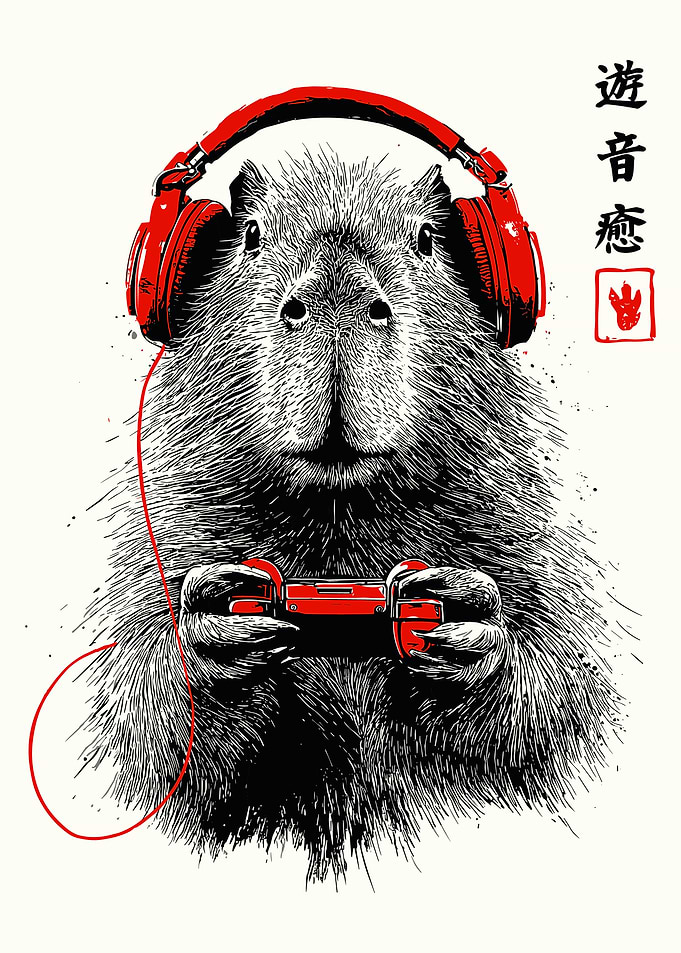Gaming Capybara Japanese Ink Art Poster Red Headphones Gamer Wall Decor