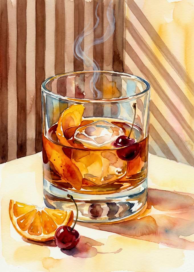 Old Fashioned Whiskey Cocktail Watercolor Amber Gold Home Bar Statement