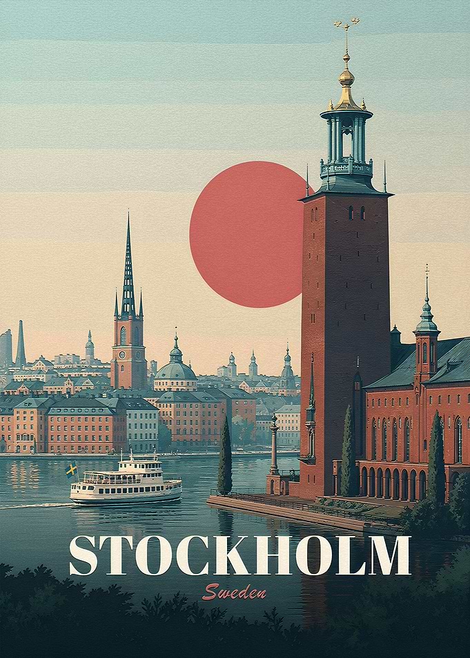 Stockholm Cityscape with Red Sun