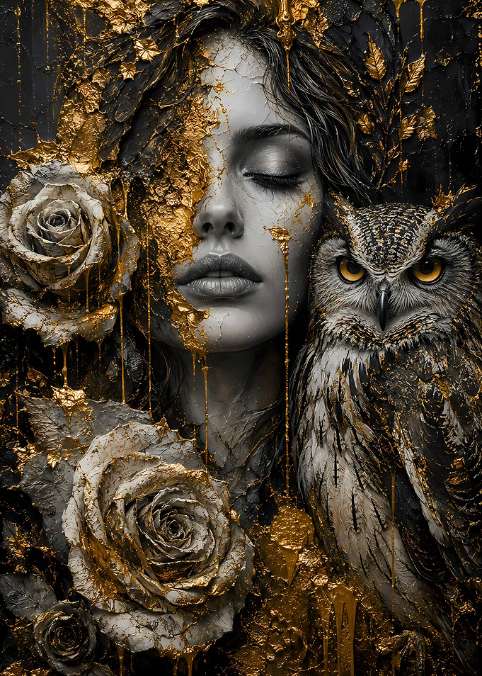 Golden Woman and Owl Portrait