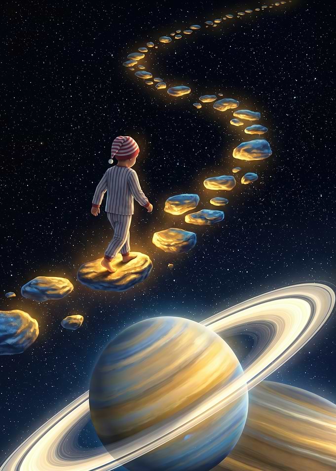 Child walking on stepping stones in space
