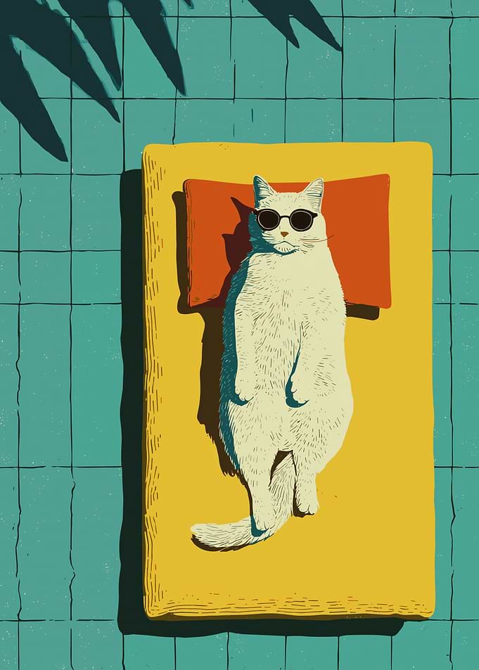 Cat Sunbathing on a Yellow Towel