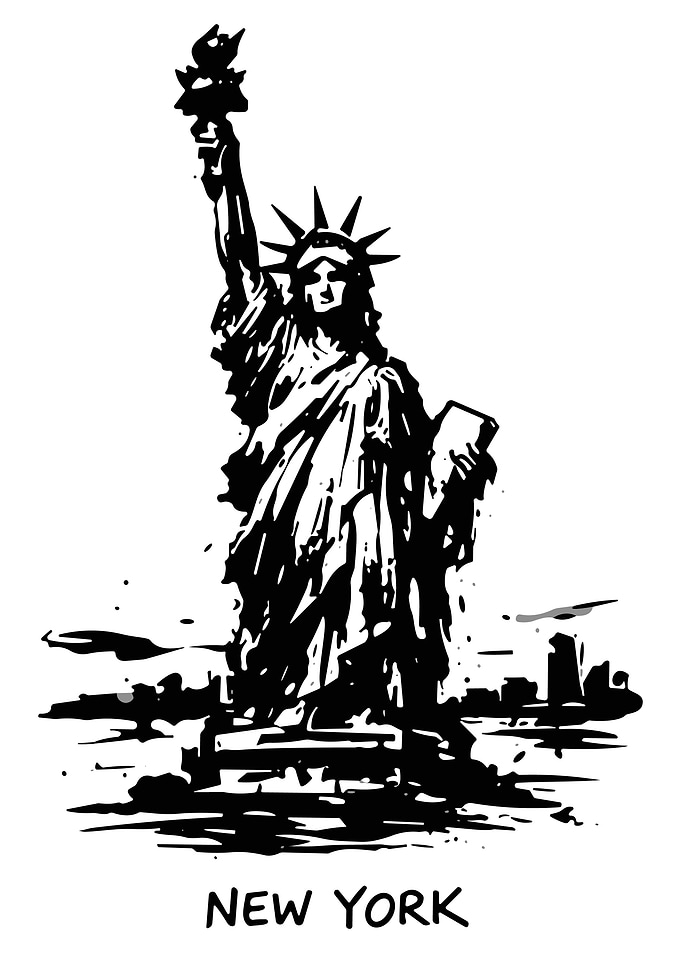 New York Statue of Liberty Sketch Poster Black and White City Skyline Wall Art