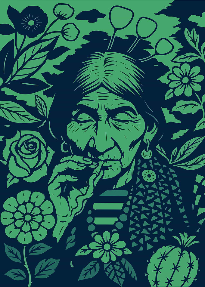 Elderly Woman Smoking Surrounded by Flowers