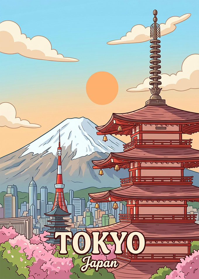 Tokyo Japan Travel Poster Cityscape with Mount Fuji