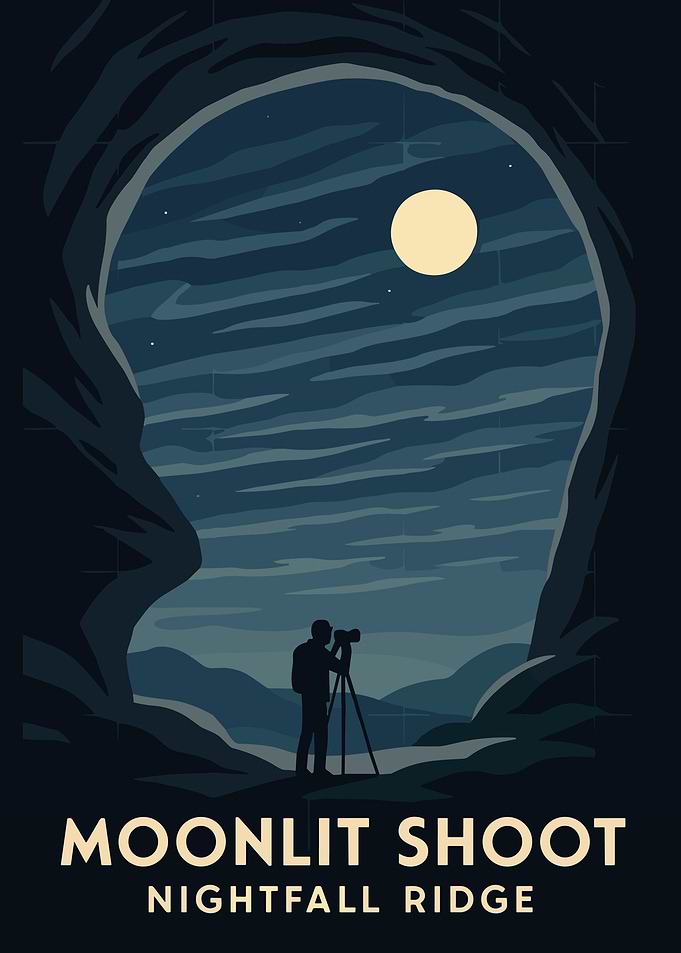 Moonlit Photographer Silhouette Poster Adventure Landscape Wall Art