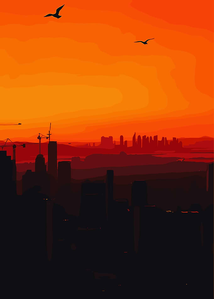 Cityscape at Sunset with Birds