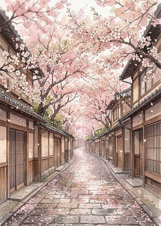 Cherry Blossom Street in Bloom – Serene Japanese Watercolor Spring Landscape