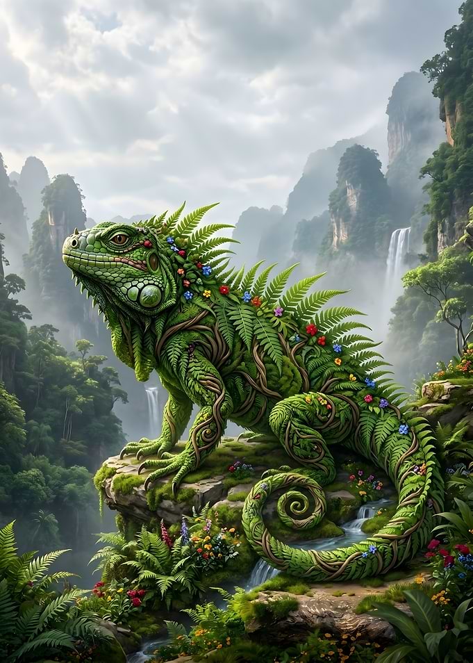 Iguana Covered in Plants and Flowers