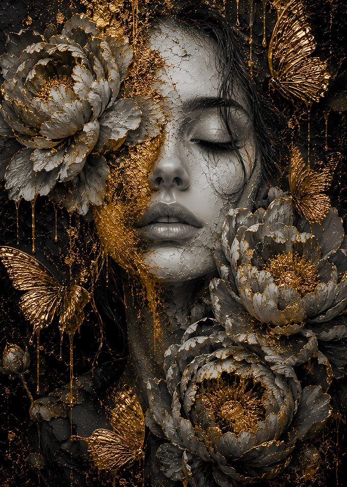 Golden Butterflies and Flowers on Woman's Face