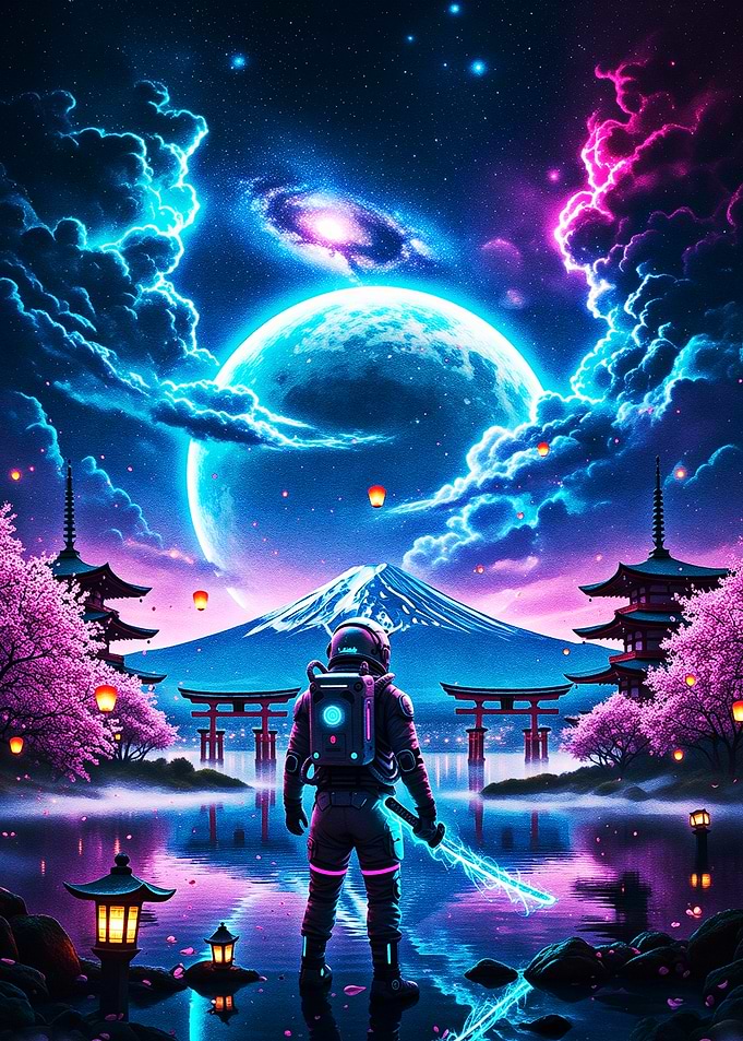 Astronaut with Neon Sword in Japanese Landscape