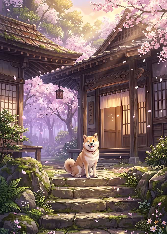 Shiba Inu in Cherry Blossom Garden