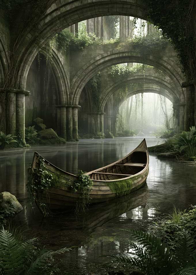 Overgrown Ancient Ruins with Boat