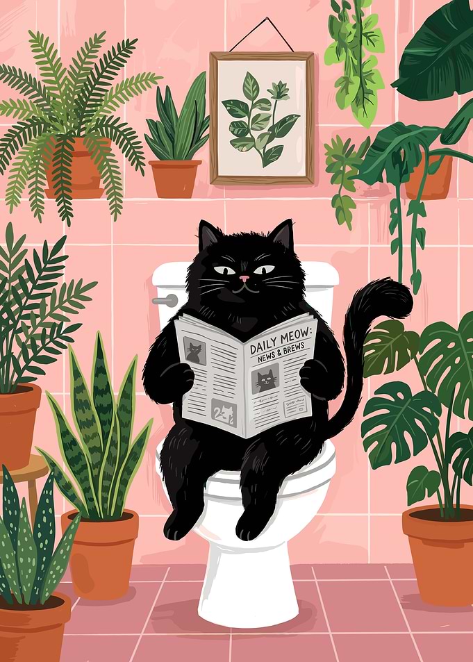Black Cat Reading Newspaper on Toilet