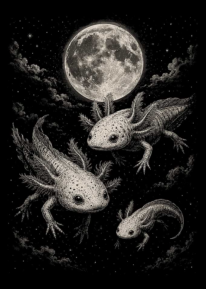 Moonlit Axolotls Fantasy Poster Mystical Night Sky Wall Art