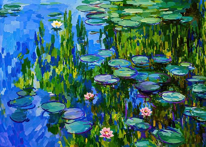 Impressionist Water Lilies Painting in Technicolor
