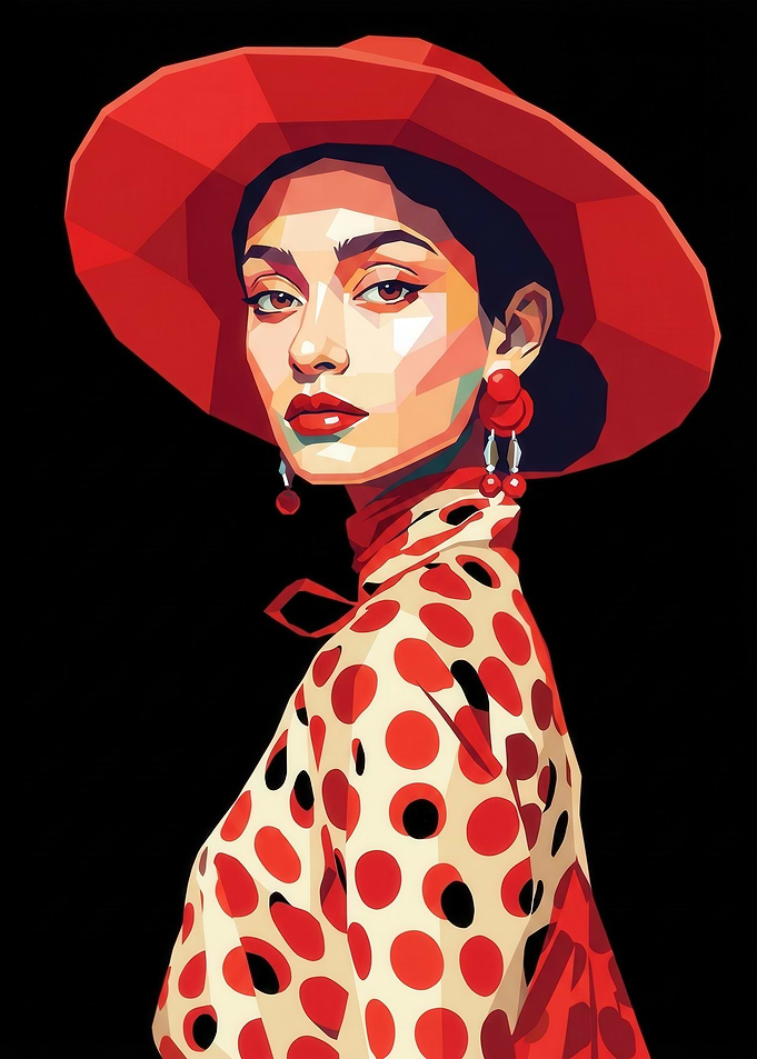 Woman in Red Hat and Polka Dot Scarf