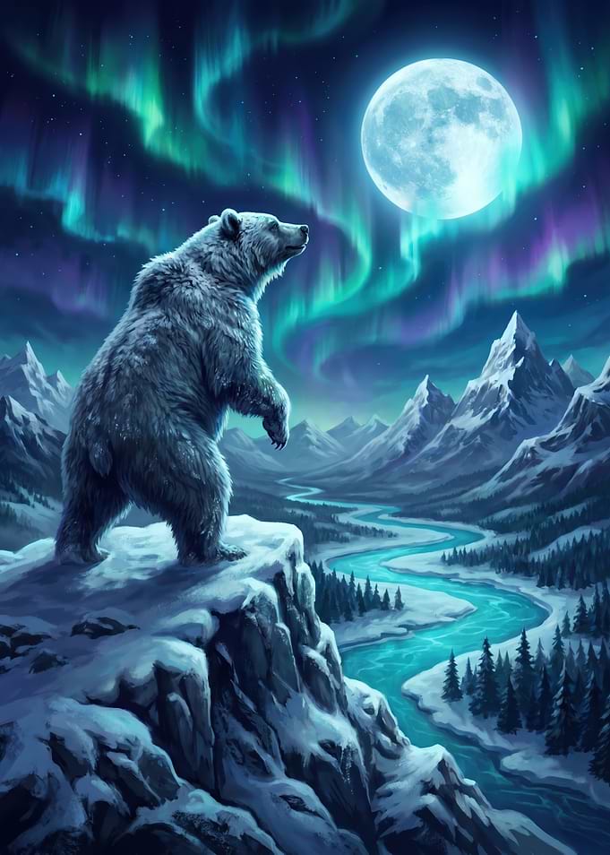 Polar Bear Under Aurora Borealis