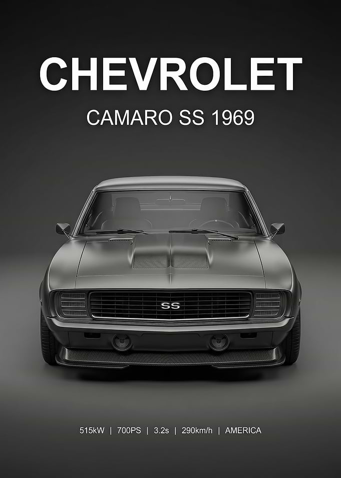 A front sleek 69 Chevrolet Camaro SS black car poster