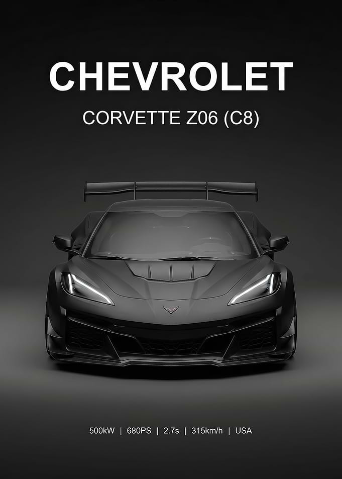 sleek black Chevrolet Corvette Z06 C8 car poster