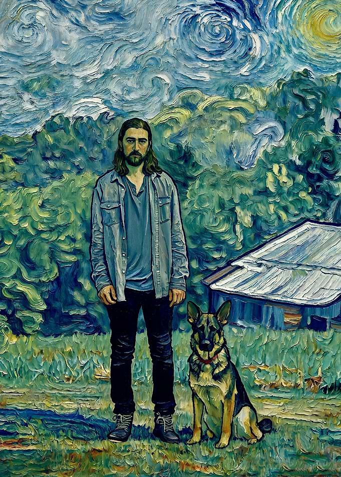 Man and German Shepherd in Van Gogh Style