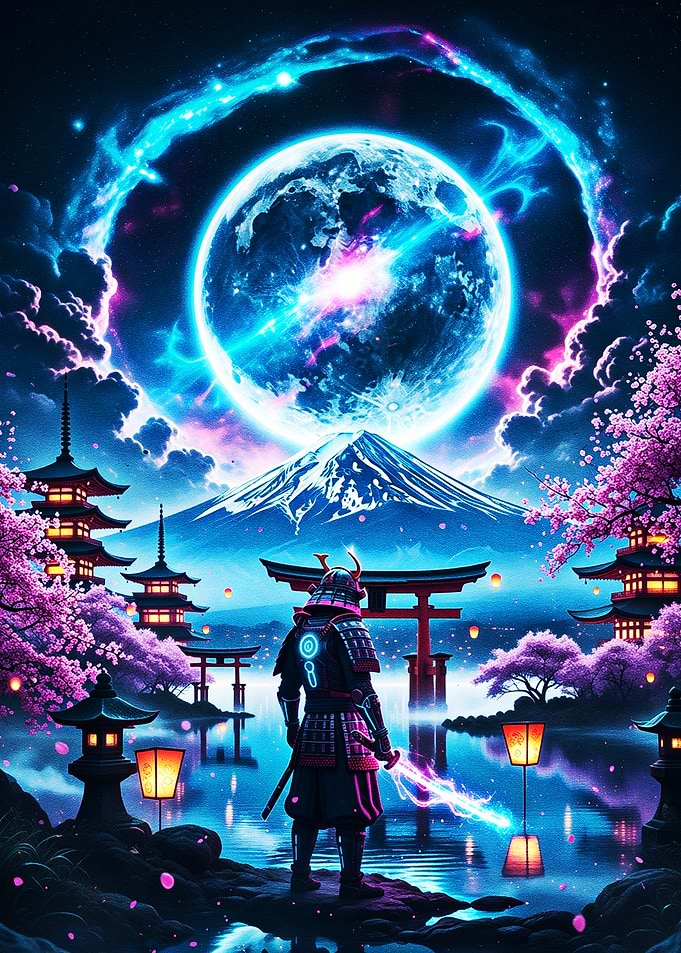 Cyberpunk Samurai Under a Cosmic Moon