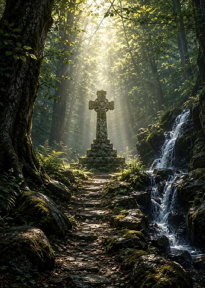 Ancient Celtic Cross in a Sunlit Forest