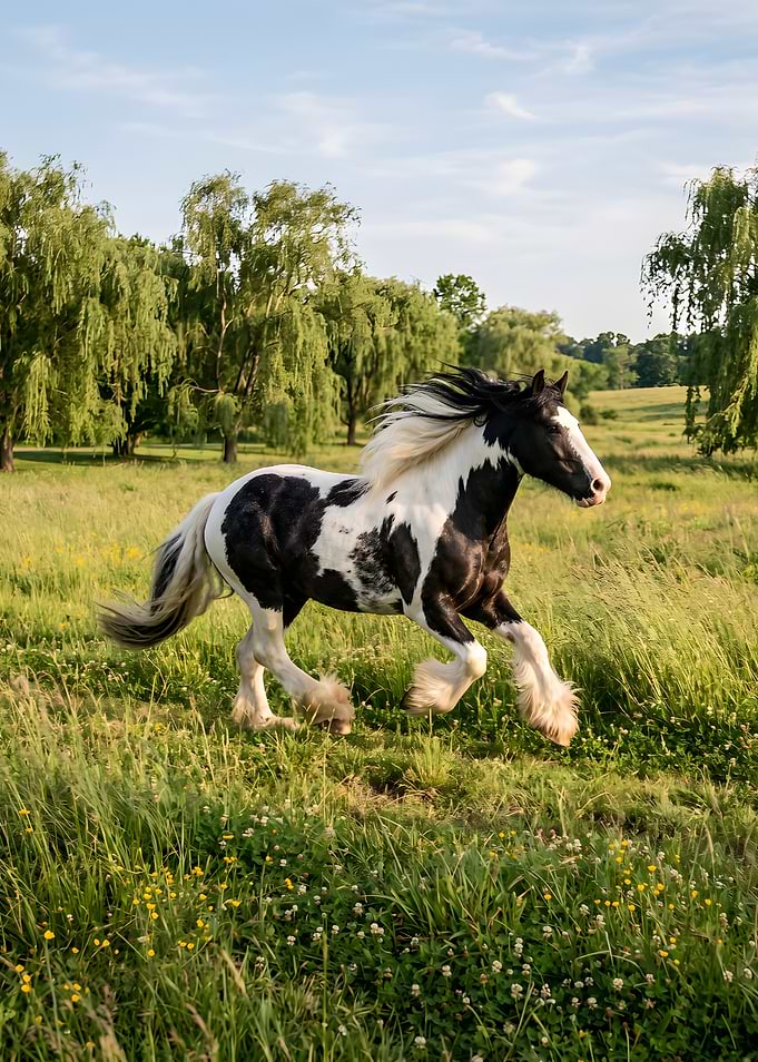 Black and white horse running in a field