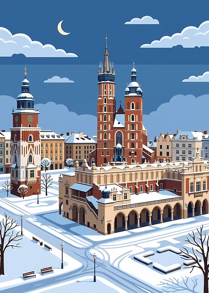 Winter Cityscape with Historic Architecture