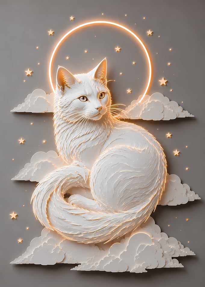 White Cat with Neon Halo and Stars