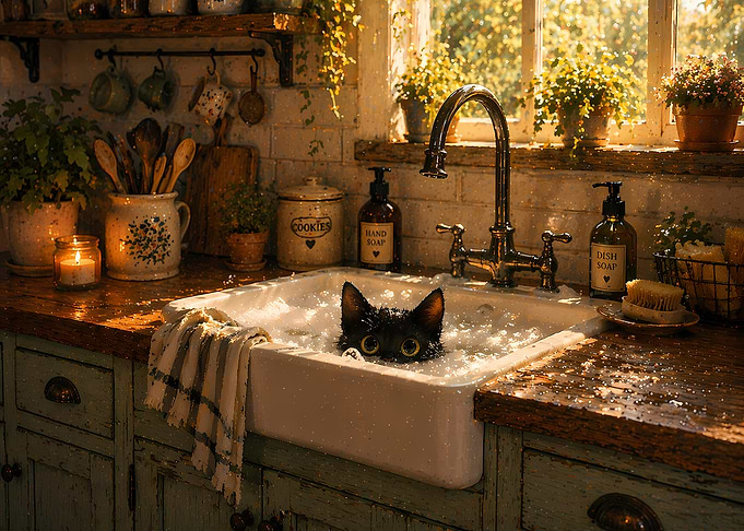 Black cat bathing in a kitchen sink