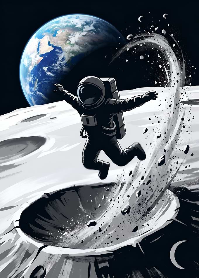 Astronaut Leaping From Moon Crater