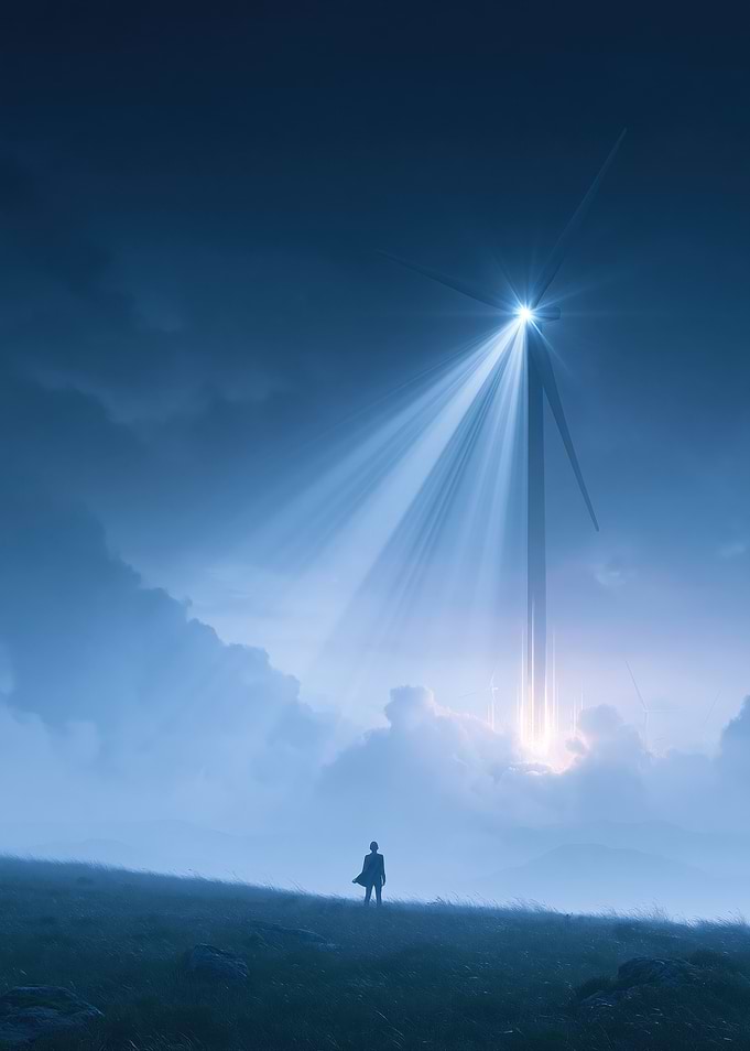 Lone Figure Gazes at Illuminated Wind Turbine